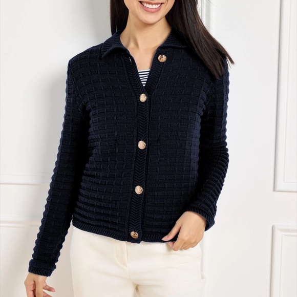 Talbots dark Navy blue textured polo sailor style sweater with Gold buttons - Picture 1 of 6